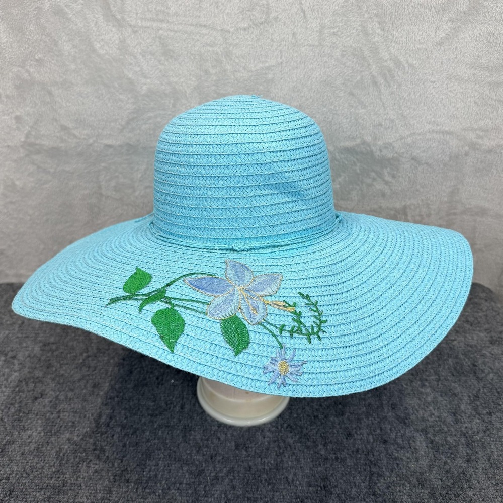 VTG Hat Sun Womens Blue Straw Wide Brim Embroidered Bow Floral Summer Travel